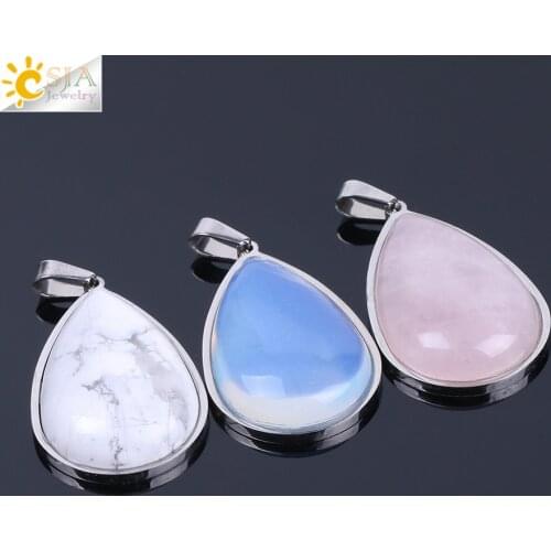 CSJA Natural Stone Purple Pink Quartz Tiger Eye Crystal Beads Necklace & Pendant Water Drop Stainless Steel Women Jewelry F150