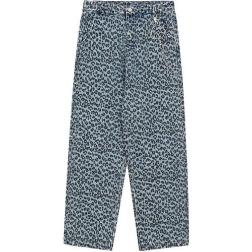 European and American high street retro leopard jeans mens straight loose wide-leg pants washed and worn old daddy trousers tide