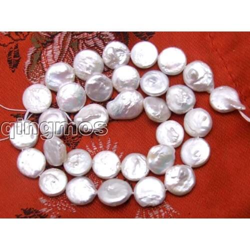 Qingmos 13-14mm Coin Round Natural White Pearl Beads for Jewelry Making DIY Necklace Bracelet Earring Loose Strands 14" los73