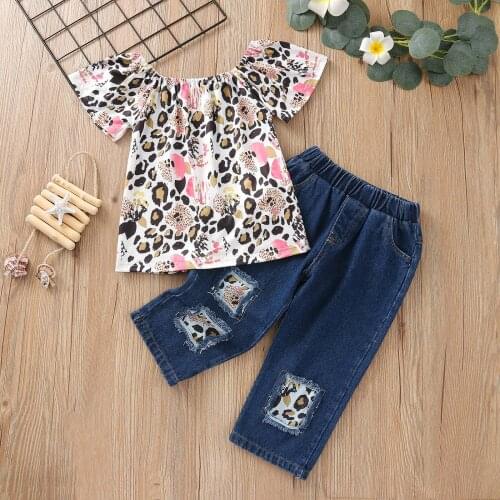 Toddler Summer Clothes Stylish Girls One-shoulder Leopard Top Ripped Jeans Suit Cotton Girls Clothing Sets