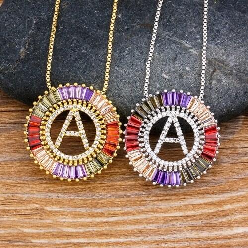 26pcs/lot Gold Silver Color Copper Letters Charm Necklaces Pendants Rainbow Rhinestone Family Name CZ Initials Jewelry Wholesale