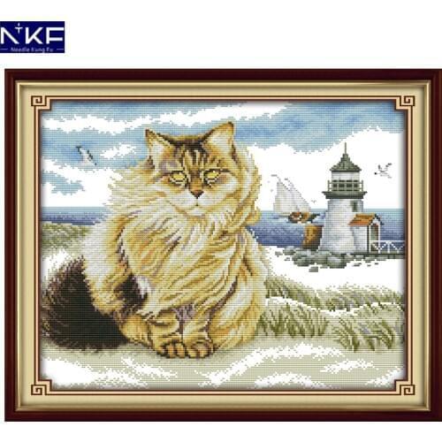 NKF Fat Cats&The Lighthouse Cross Stitch Set Handmade Craft Needlework Cross-Stitch Embroidery Kit Cross Stitch for Home Decor