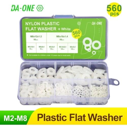 DA-ONE 560pcs White/Black Nylon Plastic Flat Washer Set M2/M2.5/M3/M4/M5/M6/M8 Plastic Washer Insulation Leak-Proof Gaskets Kit