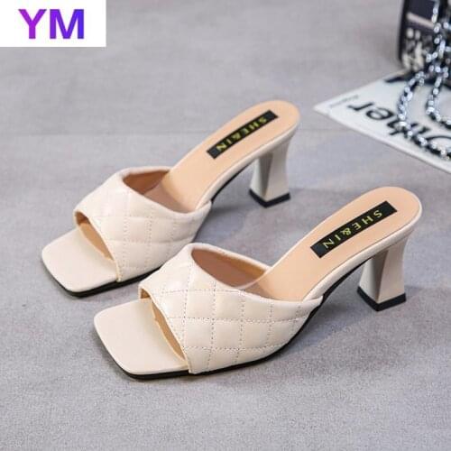 New Women Sandals Square Toe Thin High Heel Sandals 2021 Fashion Women Slip on Slides Summer Beach Shoes Mules Size 35-43 Basic