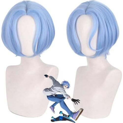 SK∞ Langa Cosplay Wig Gradient Blue Short Straight Middle Part Mullet Hair Heat Resistant SK8 the Infinity SK Eight + Wig Cap