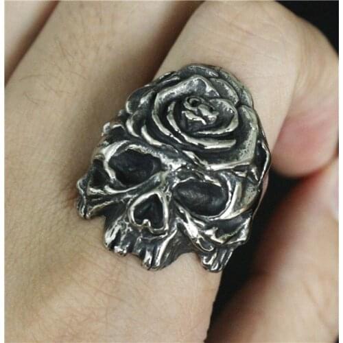 Size 8 to 13 Cool Zombie Skull Ring With Rose 316L Stainless Steel Mens Women Fashion Flower Rose Skull Biker Ring