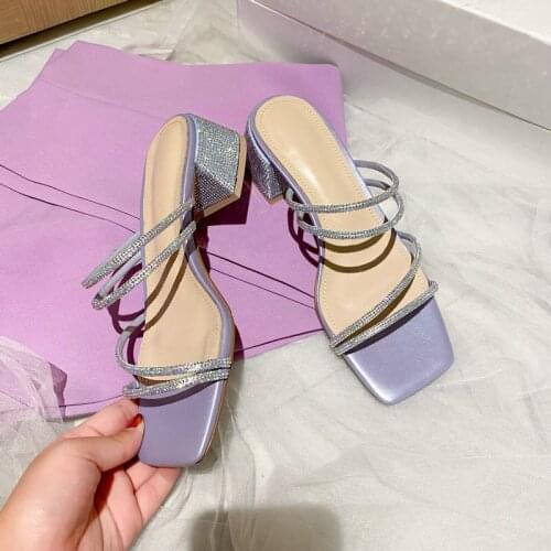 Summer Beach Slipper Fashion Sexy Narrow Band Sandals Open Toe Square Heels Dress Slides Shoes Flip Flops Shoes