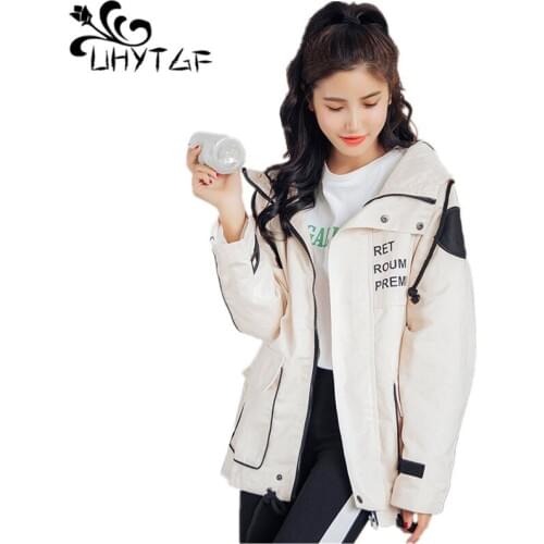 UHYTGF Spring Autumn new Womens Trench Coat Korean Wild Printed hooded lady workwear windbreaker Loose Female student Coat X412