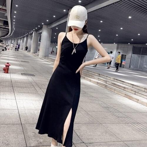 Vintage Women Dresses Summer V-neck Maxi Dress Front Split Halter Dress Sexy Sling Sleeveless Long Dresses