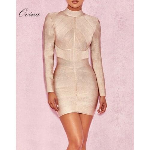 Ovina High Quality Nude Round Neck Long Sleeve Mini Rayon Knitted Bandage Women Dress
