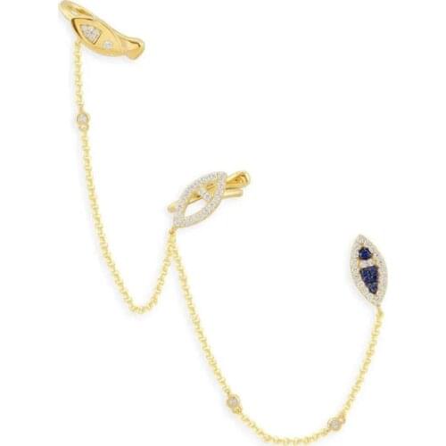 SLJELY Real S925 Sterling Silver Yellow Gold Color Multi Fish Ear Cuff Lucky Eye Zircon Clip Earring 1pc for Women Fine Jewelry