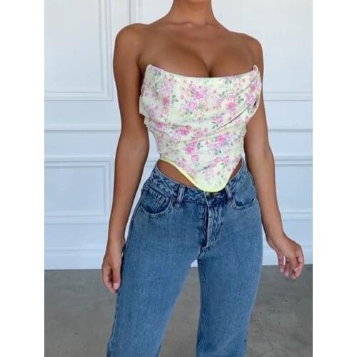 2021 Summer New YK2 European And Womens Corset Sexy Fashion Floral Off Shoulder Bra Vest Womens Short Top Sweet Pastoral Style