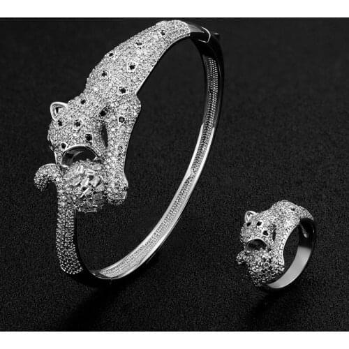 Zlxgirl Classic leopard shape women size bangle with ring jewelry sets high rhodium plated color cooper bracelet ring sets