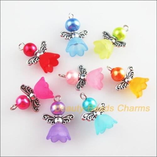 24 New Charms Mixed Acrylic Glass Dancing Angel Wings Flowers Pendants 14x19mm