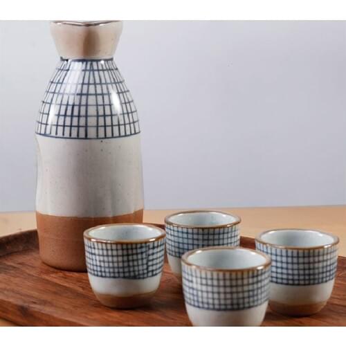 5PC Japanese Ceramic Sake Jug Retro Small Wine Cup Shochu Set Ancient Style Ancient Rhyme Warm Jug Household Yellow Wine Ice Jug
