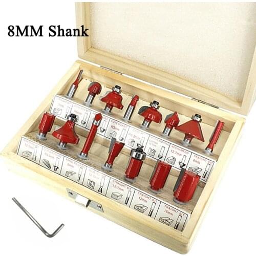 8MM Router Bit 6/12/15pcs Set Trimming Straight Milling Cutter drill Wood Tungsten Carbide Cutting Woodworking Trimming Bits Kit