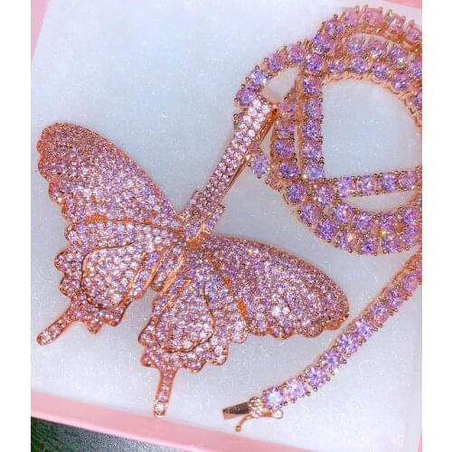 Animal Butterfly Necklace & Pendant Iced Out Tennis Chain Gold shiny 5a AAA Cubic Zircon Mens Women Hip hop Rock Jewelry