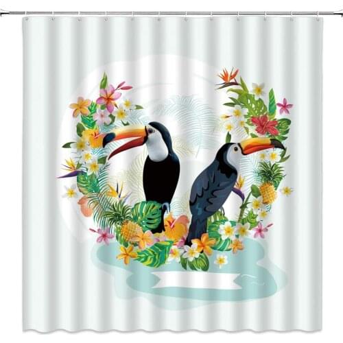 Flower Shower Curtains Toucan Watercolor Floral Plant Green Leaf Themed Pattern Bathroom Decor Cloth Hanging Curtain Set Cheap