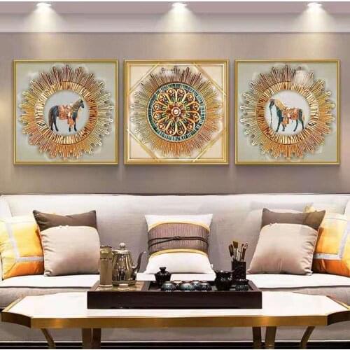European Style Retro Living Room Decoration Painting Modern Dining Room Bedroom Mural Painting Horse Painting Triptych