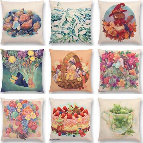 Fantasy Dreamlike Watercolor Painting Cute Girls Colorful Flowers Marine Cushion Cover Car Home Decor Sofa Throw Pillow Case
