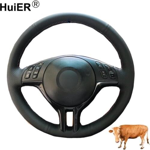 HuiER Hand Sewing Car Steering Wheel Cover Top Layer Cow Leather Volant For BMW E39 E46 325i E53 X5 Braid on the Steering-Wheel