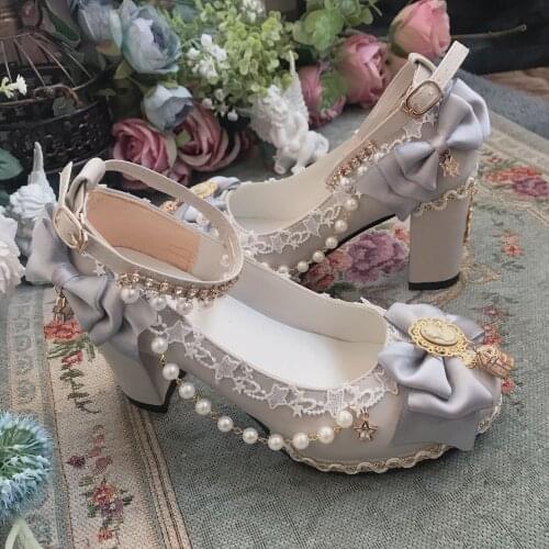 Kawaii girl sweet lolita shoes star pearl lace bowknot princess kawaii shoes round head high heel women shoes loli cosplay cos