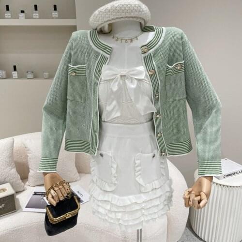 Korean New Sweet Bowknot Tube top +Bodycon Ruffles Pleated Skirt Suits With Temperament Plaid Knitted Cardigan Coat Sets Women
