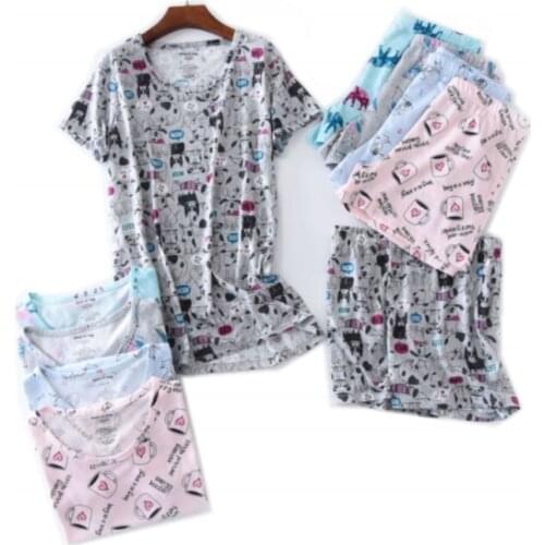 Summer Female Casual Cartoon Pajama sets Ladies 100% Cotton Sleepwear suit Women pijama mujer grande Ladies pajama short sets