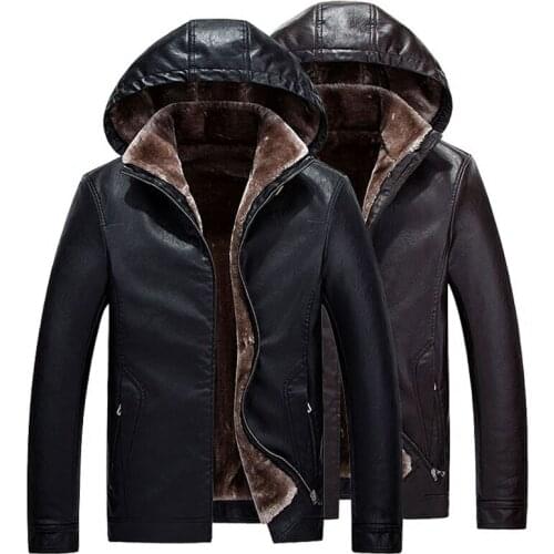 B 2019 Winter Leather Jacket Men Top Quality Faux Fur Coats New Thick Casual Male Hooded Leather Jackets Plus Size 3XL