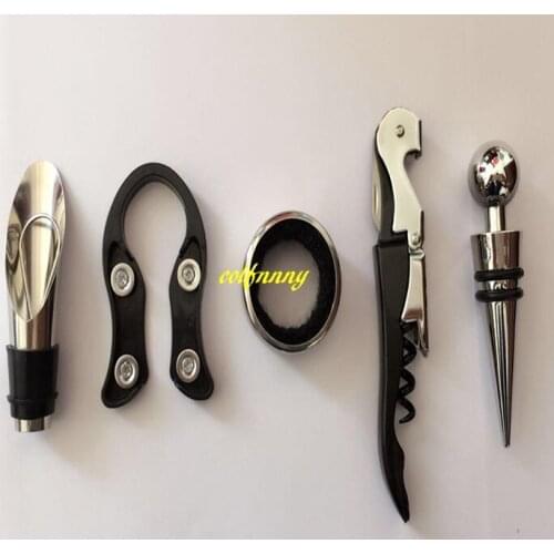 50sets/lot 5 in 1 kit hippocampus Red Wine bottle opener+ Paper cutting knife+ ring + bottle stopper + wine pourer