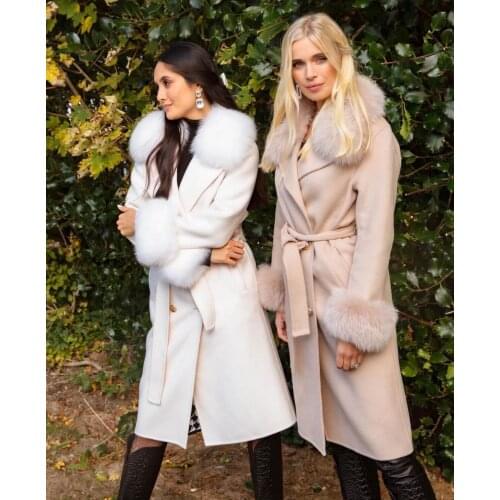Autumn Winter X-long Russian Style Christmas Wool Cashmere Coat Detachable Sleeve Natural Fox Fur Trench Coats