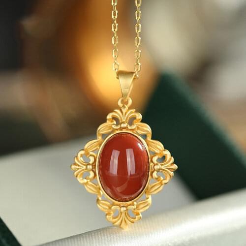 Natural Enamel porcelain chalcedony Pendant Necklace Chinese style retro palace style light luxury winter lady silver jewelry