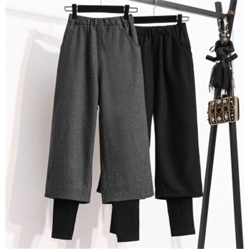 Plus size Women Fake Two Pieces Pants Fashion Casual Woman Trousers Loose Female Fleece Warm Knitted Wide Leg Pants 5XL