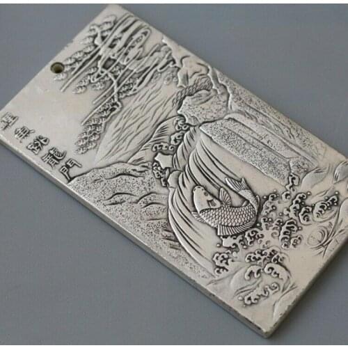 Old tibetan tibet silver fish dragon door Amulet plate thangka