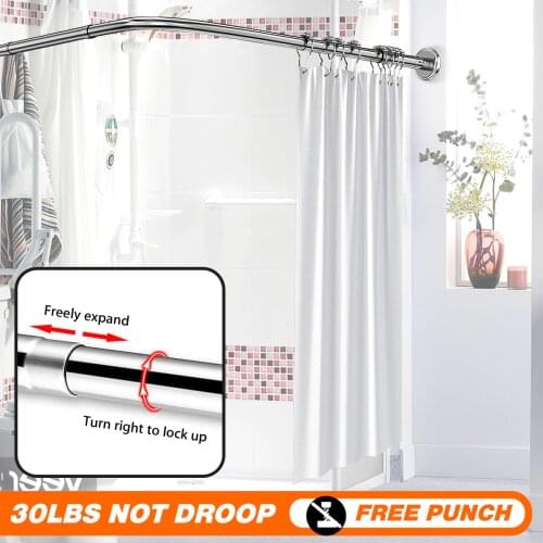 Extendable Curved Shower Curtain Rod U Shaped 201 Stainless Steel Shower Curtain Poles Punch-Free Bathroom Curtain Rail 6 Size