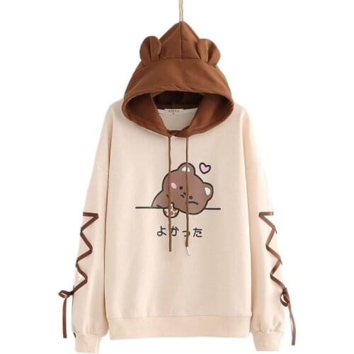 Spring Thin New Japan Style Cute Bear Lace Long Sleeve Cotton Hooded Sweatshirt Women Harajuku Hoodies Kawaii Pullovers A0464