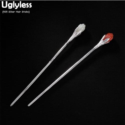 Uglyless Natural Jade Agate Floral Hair Jewelry for Women Fashion Magnolia Floral Hair Sticks Ethnic 925 Silver Hair Decorations