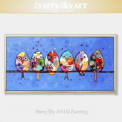 Funny Wall Art Hand-painted High Quality Contemporary Art Birds Oil Painting Beautiful Animal Birds Stay on Branch Oil Painting