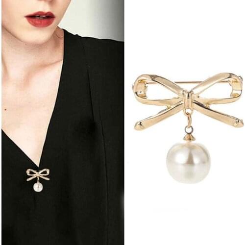Simple Bowknot Pearl Brooch Pins For Women Cute Bow Big Pearl Pendant Tassel Brooch Pins For Lady Pins Banquet Accessories