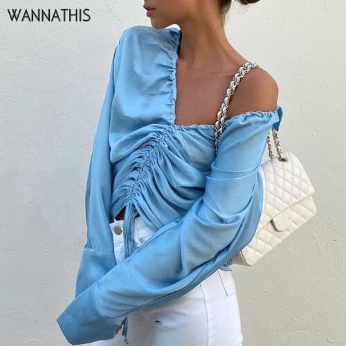 WannaThis Silk Drawstring Long Sleeve Turn-down Collar Ruched Womens T-shirts Casual Sexy Tops Fashion Female Clothing Elegant