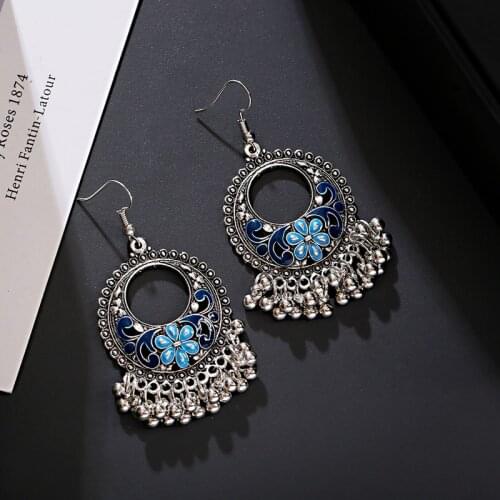 Womens Afghani Blue Flower Tassel Indian Jhumka Earrings Bohemian Retro Tibetan Earrings Oorbellen
