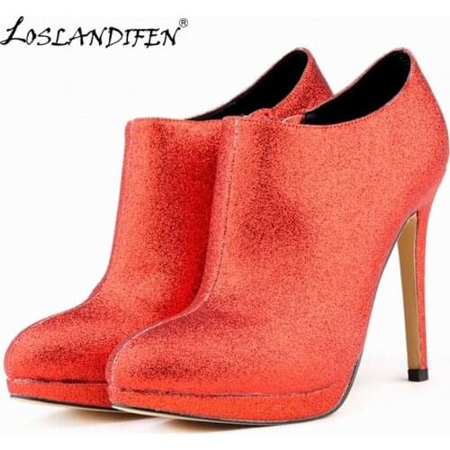 LOSLANDIFEN Women Boots Faux Gitter Platform High Heels Ladies Autumn Winter Casual Ankle US5-10