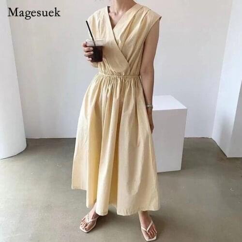 Summer 2021 Korean Women Maxi Dress Cotton Soft Solid Blue V-neck Pleated Dress High Waist Long Sleeveless Dress Vestido 14750