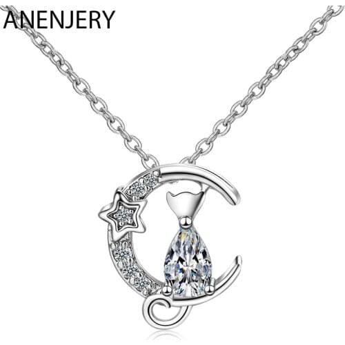 ANENJERY 925 Sterling Silver Cute Cubic Moon Star Cat Pendant Necklace Clavicle Chain Jewelry For Women S-N521