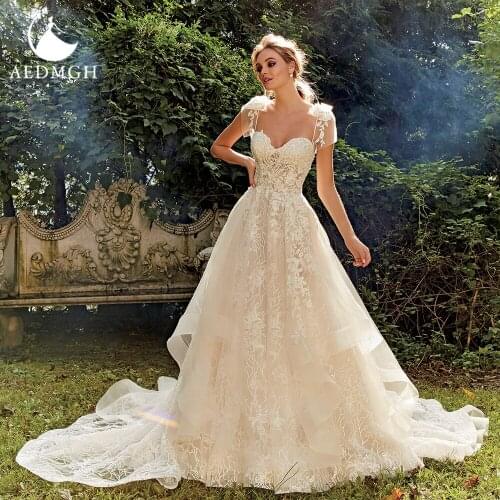 Aedmgh Ball Gown Wedding Dresses 2021 Sweetheart Spaghetti Sraps Ruffles Train Robe De Mariage Lace Appliques Vestido De Novia
