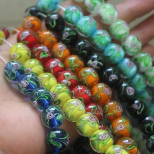 10Pcs 12mm Round Shape Glass lampwork beads Flower with Green leaf For DIY