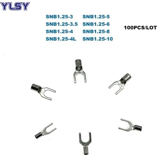 100pcs Spade Bare Crimp Terminals Electrical Cord End Wire Connector SNB1.25-3/4/5/6/8/10 Cable ferrules 22-16AWG 0.5-1.5mm2