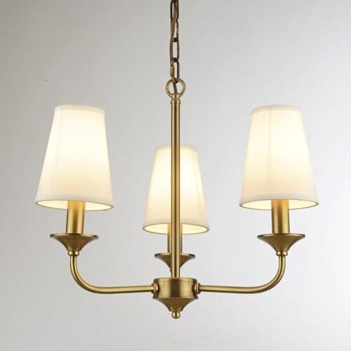 3 lights small luxury brass chandelier lighting villa project house decoration lamp fabric shade antique brass copper