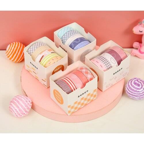 5 Pcs/Box Cute Grid Stripe Washi Tape Solid Color Masking Tape Decorative Adhesive Tape Sticker Scrapbooking Planner Stationery