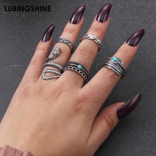 5Pcs Vintage Simple Snake Rings Punk Exaggerated Snake Animal Feather Ring For Women Men Jewelry Accessories Party Gifts